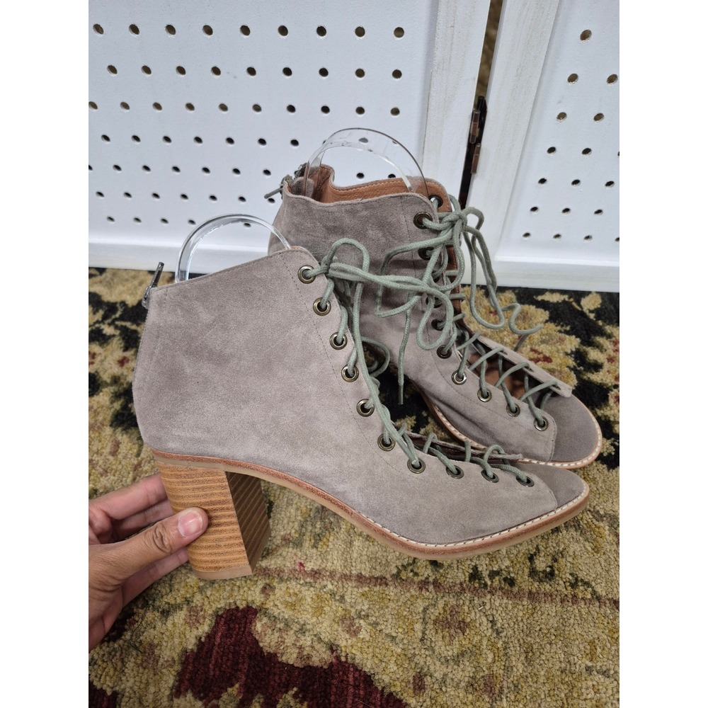 Jeffrey Campbell Cors Taupe Suede Lace Up Open Toe Block Heel Booties Size 9.5